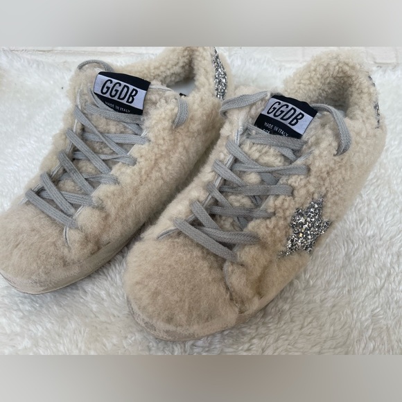 New Golden Goode Super-Star Beige Shearling Silver Glitter Star Sneakers Size 37 - Picture 3 of 12
